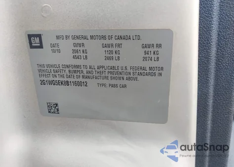 2011 Chevrolet Impala Lt from USA, damaged, VIN 2G1WG5EK8B1160012